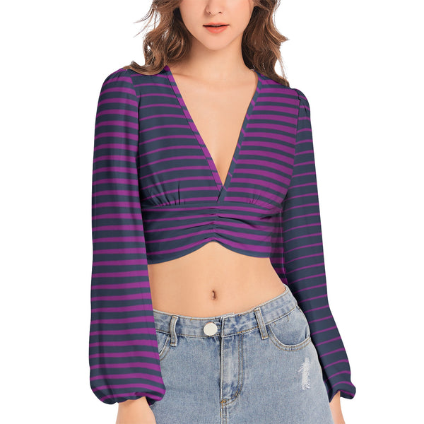 Lavender Wedges Women's Deep V-Neck Lantern Sleeve Crop Top - Objet D'Art