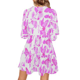 butterfly pink on white print V-Neck Loose Fit Dress (Model D62) - Objet D'Art