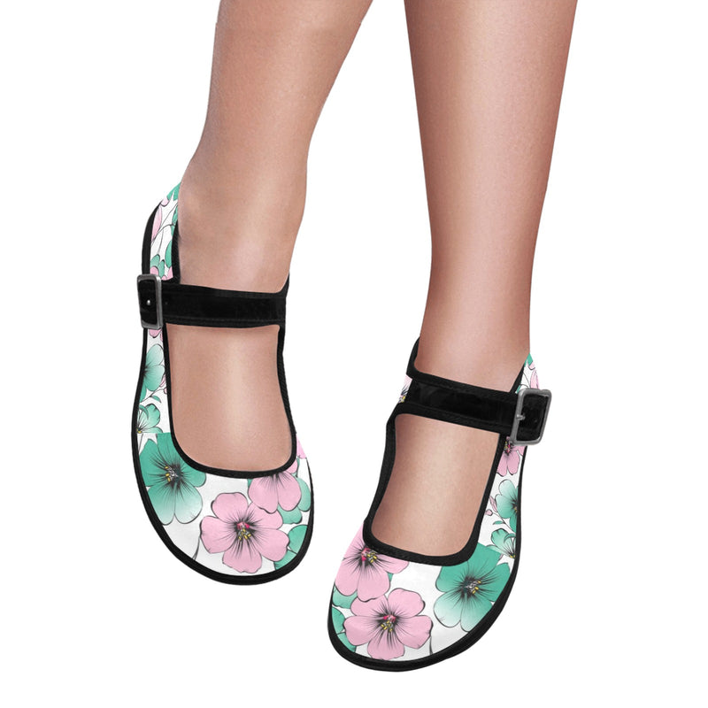 Pink & Green Floral shoes Mila Satin Women's Mary Jane Shoes (Model 4808) - Objet D'Art