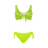 neon green scroll print 2 Bow Tie Front Bikini Swimsuit (Model S38) - Objet D'Art