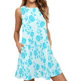 light blue greek key and medium blue roses print 2 Sleeveless A-Line Pocket Dress (Model D57) - Objet D'Art