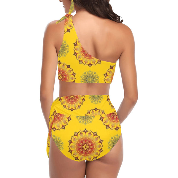mandala gold print 3 High Waisted One Shoulder Bikini Set (Model S16) - Objet D'Art
