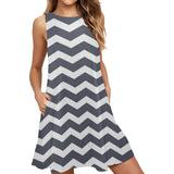 waves gray print 5 Sleeveless A-Line Pocket Dress (Model D57) - Objet D'Art