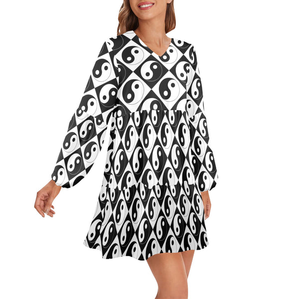 yin and yang bw print 2 V-Neck Loose Fit Dress (Model D66) - Objet D'Art