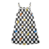 butterfly checker bw print Drawstring Neck Sleeveless Dress (Model D68)