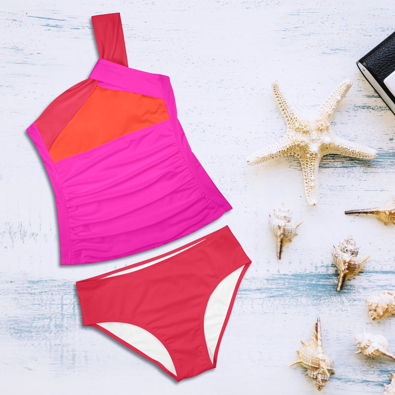 fuchsia anal2 print Women's One Shoulder Backless Swimsuit (Model S44) - Objet D'Art