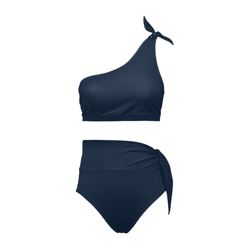 navy blue 2 print 4 High Waisted One Shoulder Bikini Set (Model S16) - Objet D'Art