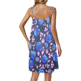 BLUE PINK ROSE PRINT copy Drawstring Neck Sleeveless Dress (Model D68) - Objet D'Art