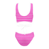 fuchsia and white greek key print Cross String Bikini Set (Model S29) - Objet D'Art
