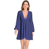 Ink Blue Micro Polkadots Lantern Sleeve Deep V-Neck Short Dress - Objet D'Art
