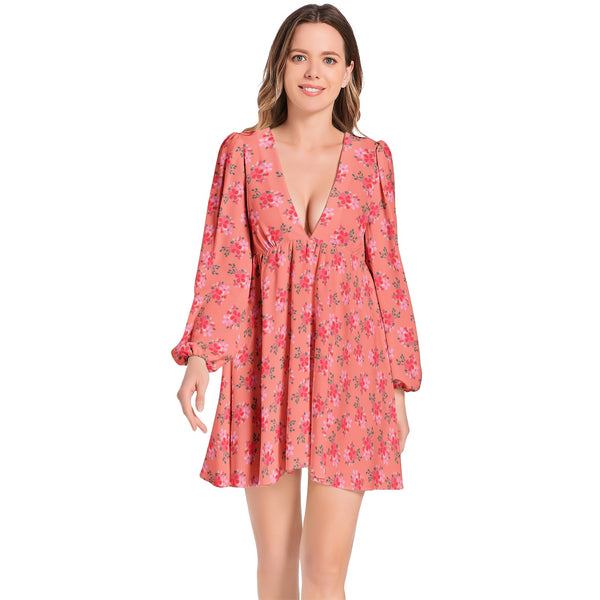 Water Florals Lantern Sleeve Deep V-Neck Short Dress - Objet D'Art