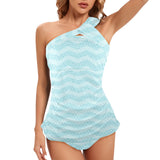 greek key chevron light blue print 2 Women's One Shoulder Backless Swimsuit (Model S44) - Objet D'Art