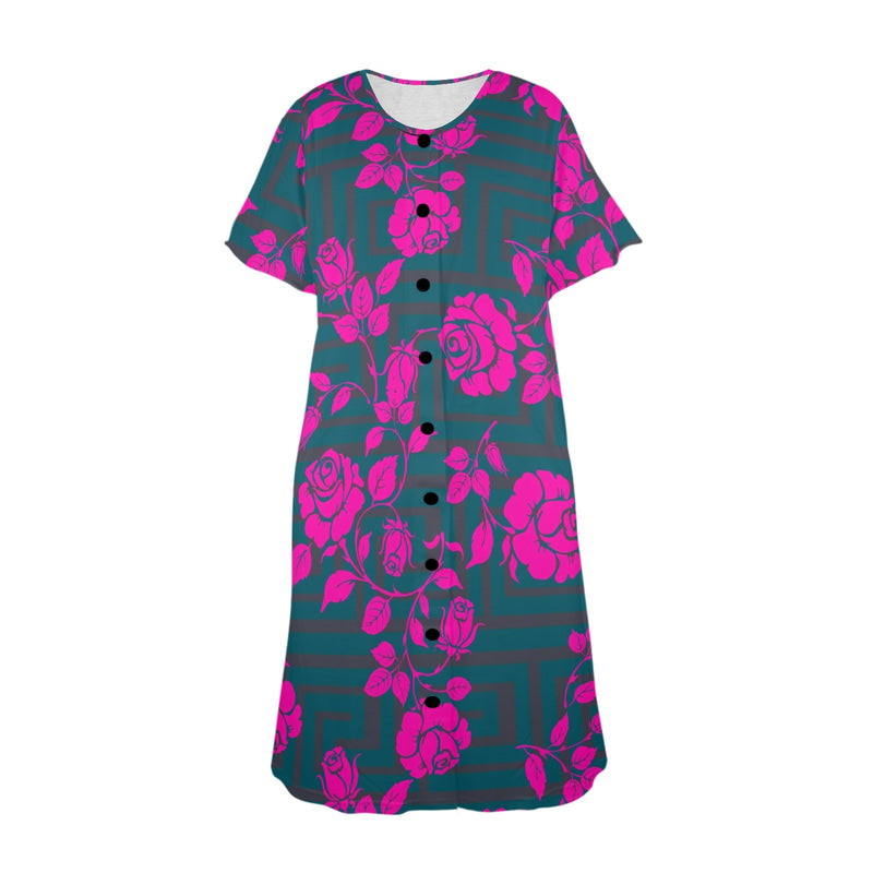 fuchsia rose emerald green greek key print 4 Women's Button Front House Dress - Objet D'Art