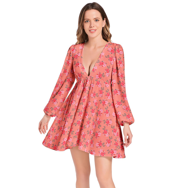 Water Florals Lantern Sleeve Deep V-Neck Short Dress - Objet D'Art