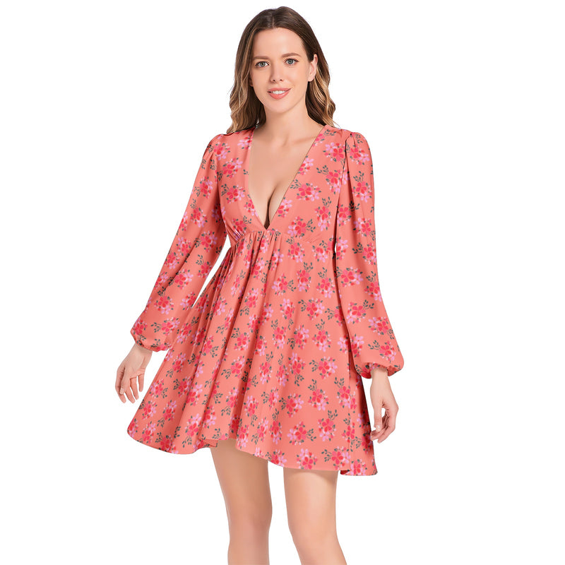 Water Florals Lantern Sleeve Deep V-Neck Short Dress - Objet D'Art