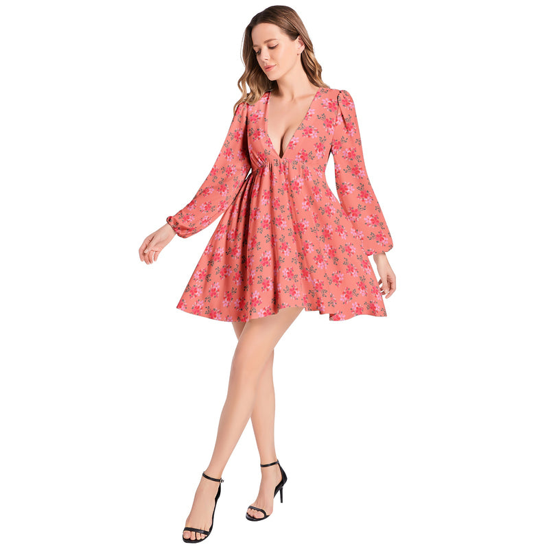 Water Florals Lantern Sleeve Deep V-Neck Short Dress - Objet D'Art