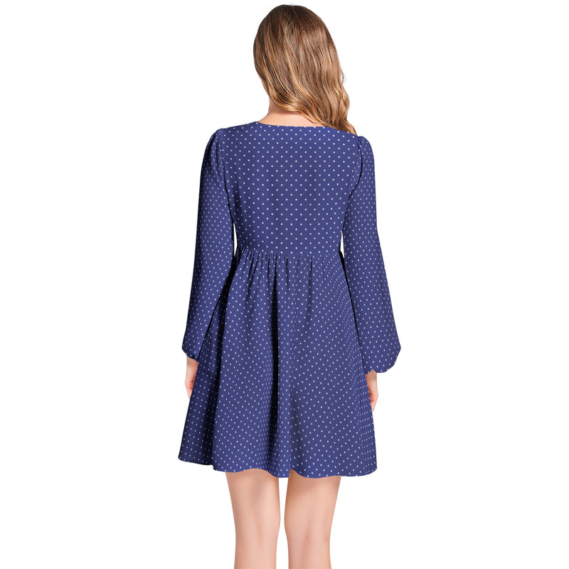 Ink Blue Micro Polkadots Lantern Sleeve Deep V-Neck Short Dress - Objet D'Art