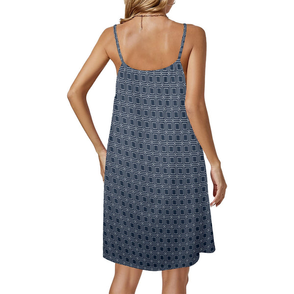 matrix square print 3 Drawstring Neck Sleeveless Dress (Model D68)