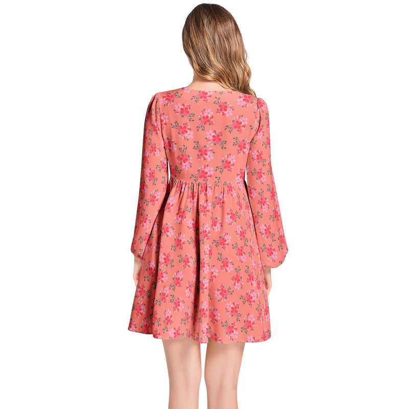 Water Florals Lantern Sleeve Deep V-Neck Short Dress - Objet D'Art