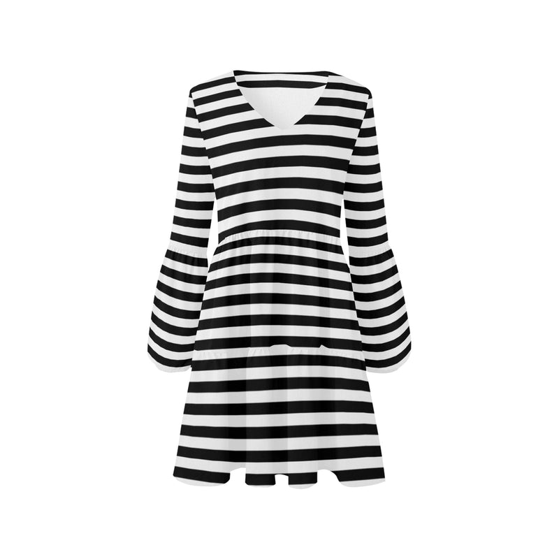 bw thin striped print 3 V-Neck Loose Fit Dress (Model D62) - Objet D'Art