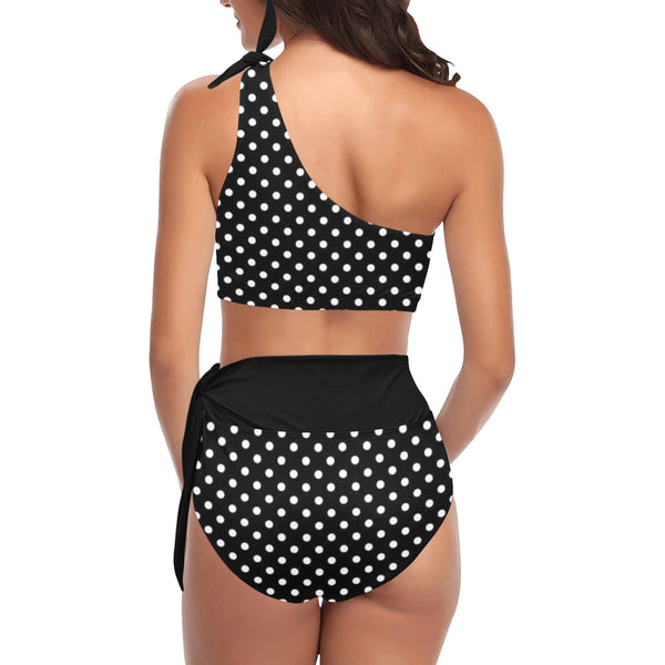 black solid print skirt High Waisted One Shoulder Bikini Set (Model S16) - Objet D'Art