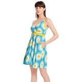 Daisy Print Spaghetti Strap Sleeveless Falred Hem Short Dress - Objet D'Art