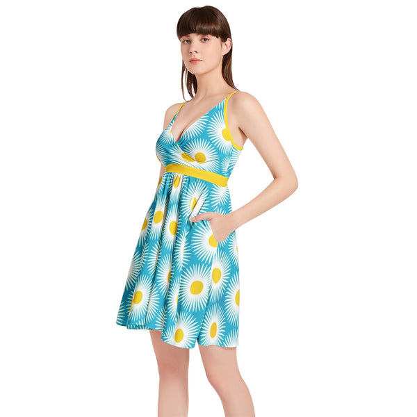 Daisy Print Spaghetti Strap Sleeveless Falred Hem Short Dress - Objet D'Art