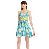 Daisy Print Spaghetti Strap Sleeveless Falred Hem Short Dress - Objet D'Art