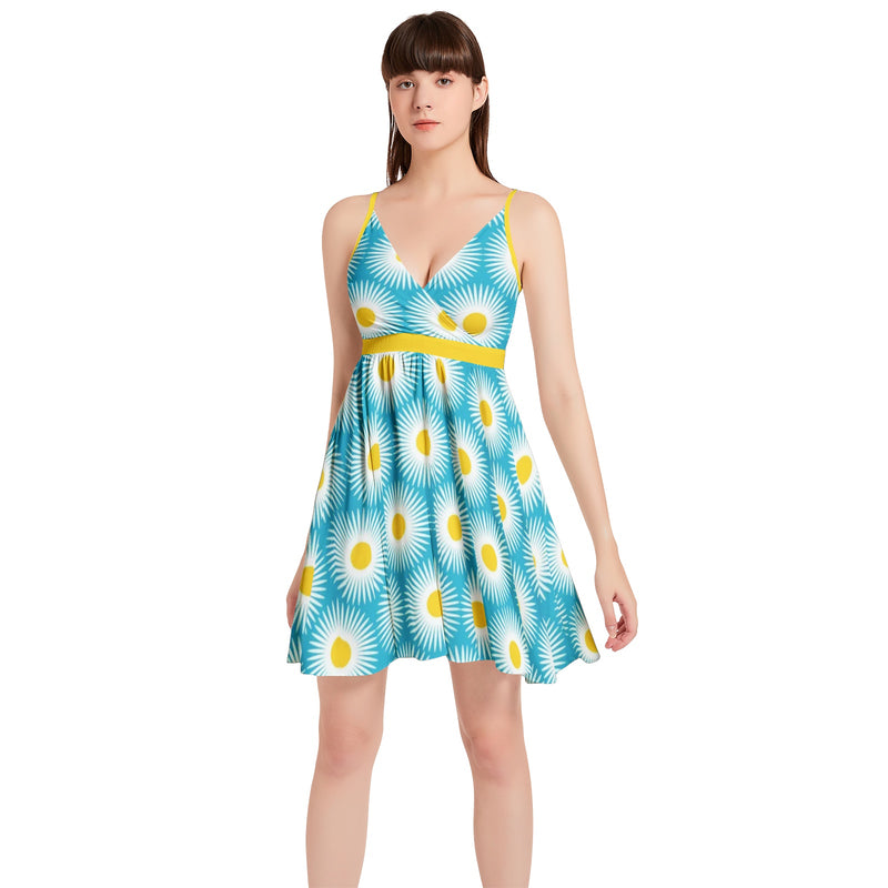 Daisy Print Spaghetti Strap Sleeveless Falred Hem Short Dress - Objet D'Art