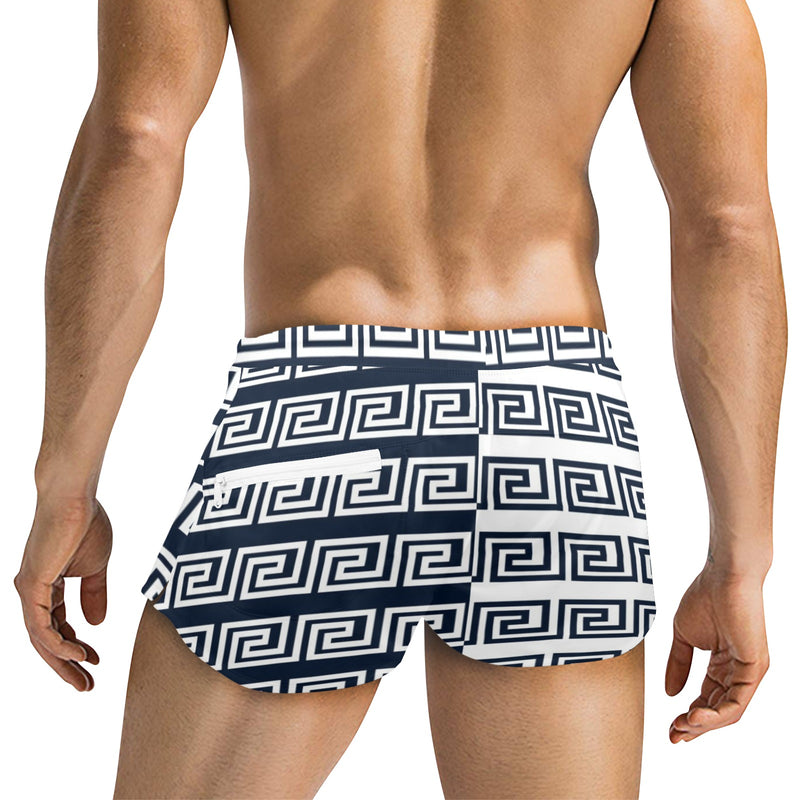 white on blue greek key print Men's Swim Trunks with Zipper Pocket (Model L71) - Objet D'Art