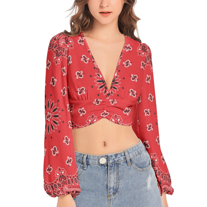 Red Bandana Women's Deep V-Neck Lantern Sleeve Crop Top - Objet D'Art