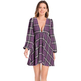 M Kemp Plum Plaid Lantern Sleeve Deep V-Neck Short Dress - Objet D'Art