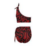 red and black scroll small print 2 High Waisted One Shoulder Bikini Set (Model S16) - Objet D'Art
