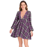 M Kemp Plum Plaid Lantern Sleeve Deep V-Neck Short Dress - Objet D'Art