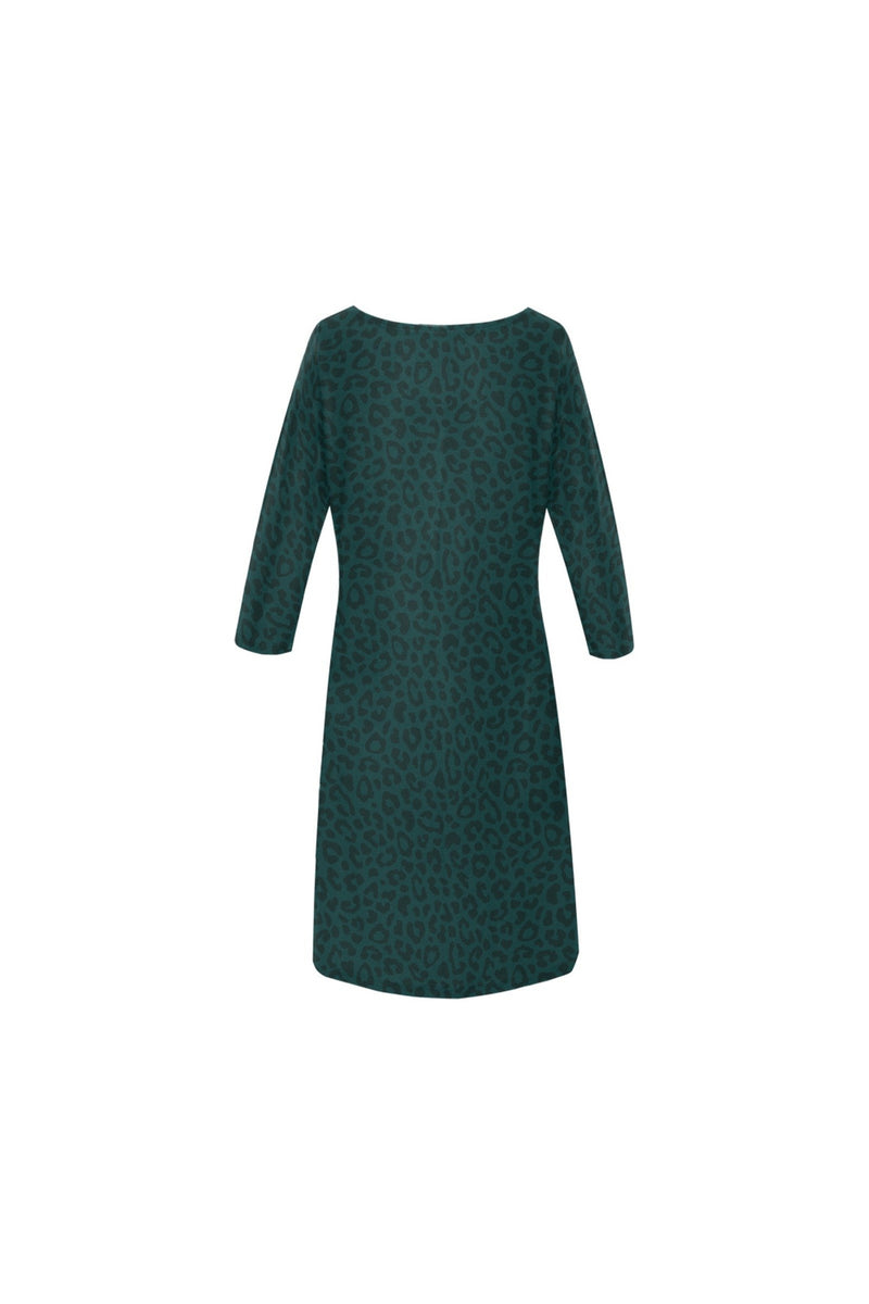 Storm Green Leopard Print Rhea Loose Round Neck Dress - Objet D'Art