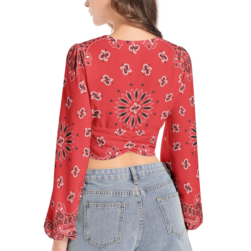 Red Bandana Women's Deep V-Neck Lantern Sleeve Crop Top - Objet D'Art