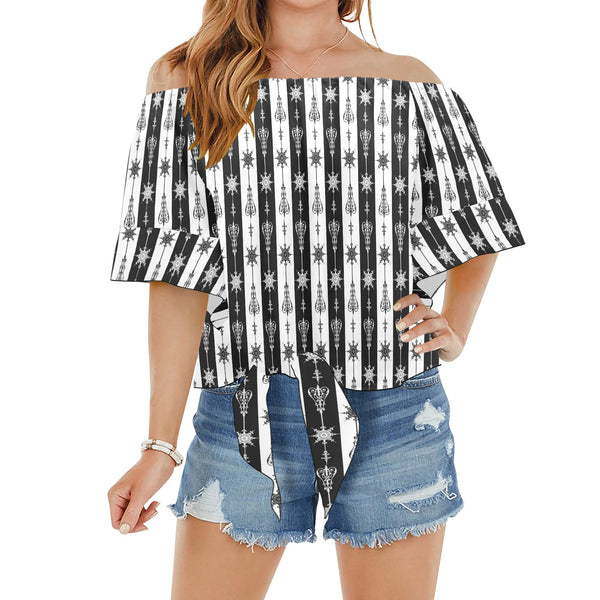 arrow bw print 5 Off Shoulder Knot Front Blouse (Model T71) - Objet D'Art