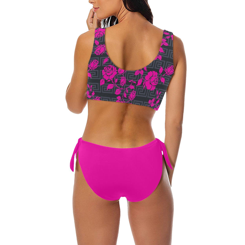 fuchsia print solid Bow Tie Front Bikini Swimsuit (Model S38) - Objet D'Art