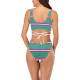 mint green micro striped print 67A Cross String Bikini Set (Model S29) - Objet D'Art