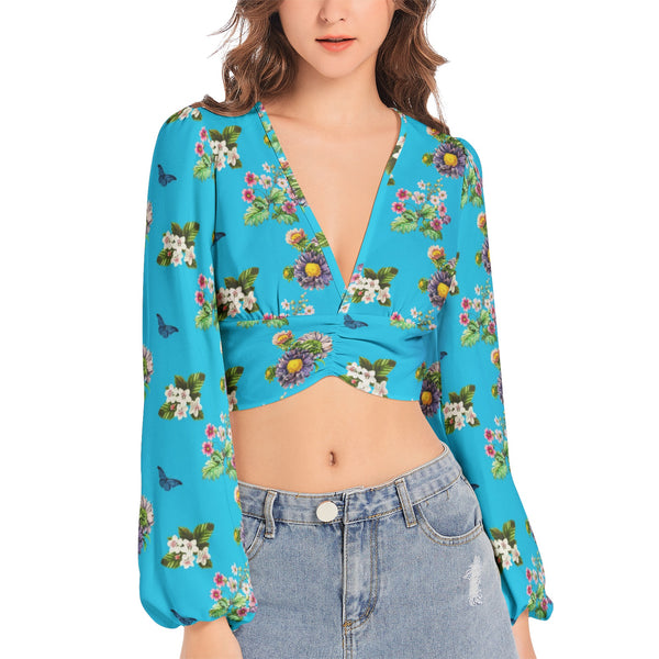 Women's Deep V-Neck Lantern Sleeve Crop Top - Objet D'Art