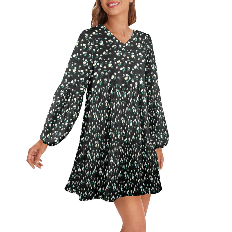 white florals on black mini print V-Neck Loose Fit Dress (Model D66) - Objet D'Art