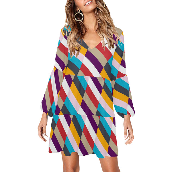 color lattice print V-Neck Loose Fit Dress (Model D62) - Objet D'Art