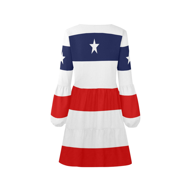 red white blue star and stripes print V-Neck Loose Fit Dress (Model D62) - Objet D'Art