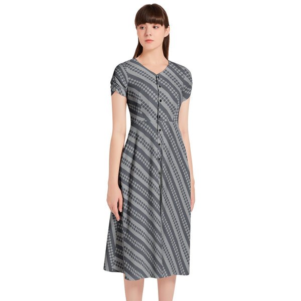 Striped Puff Sleeve Button Through Dress - Objet D'Art