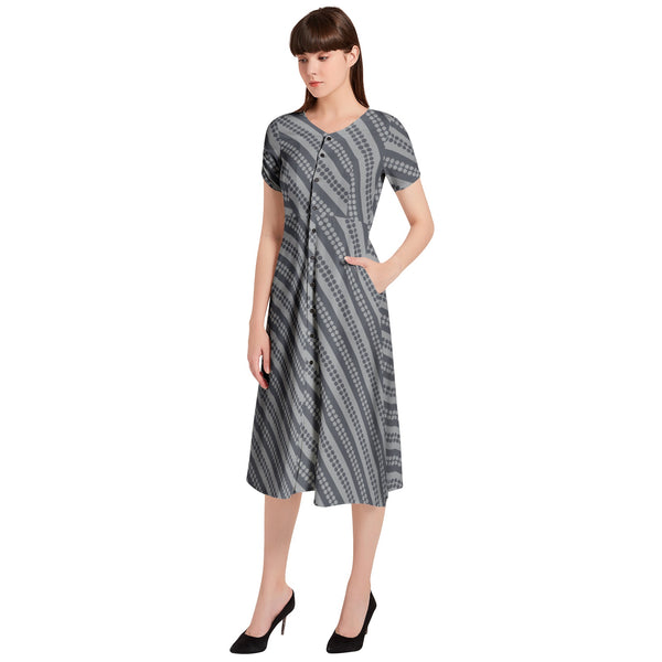 Striped Puff Sleeve Button Through Dress - Objet D'Art