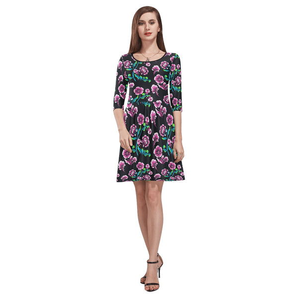 floral pink and blue print 2 Tethys Half-Sleeve Skater Dress(Model D20) - Objet D'Art
