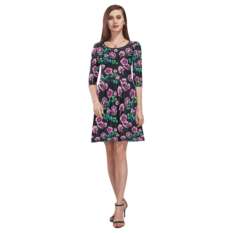 floral pink and blue print 2 Tethys Half-Sleeve Skater Dress(Model D20) - Objet D'Art