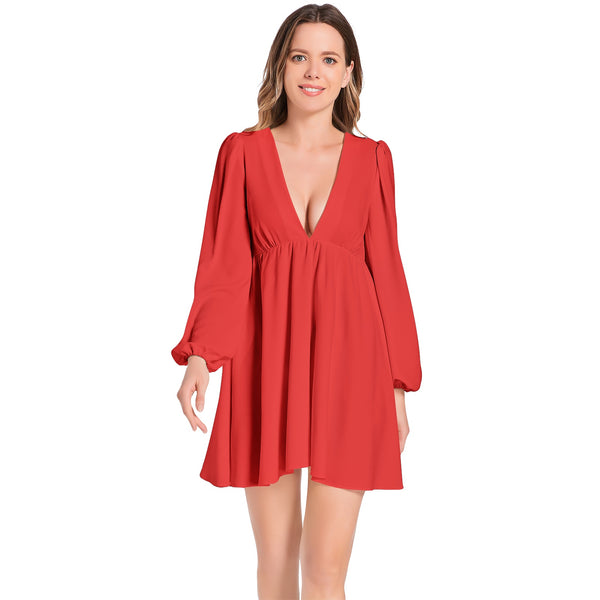 Red Lantern Sleeve Deep V-Neck Short Dress - Objet D'Art