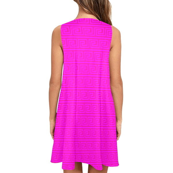 fuchsia greek key offset print Sleeveless A-Line Pocket Dress (Model D57) - Objet D'Art