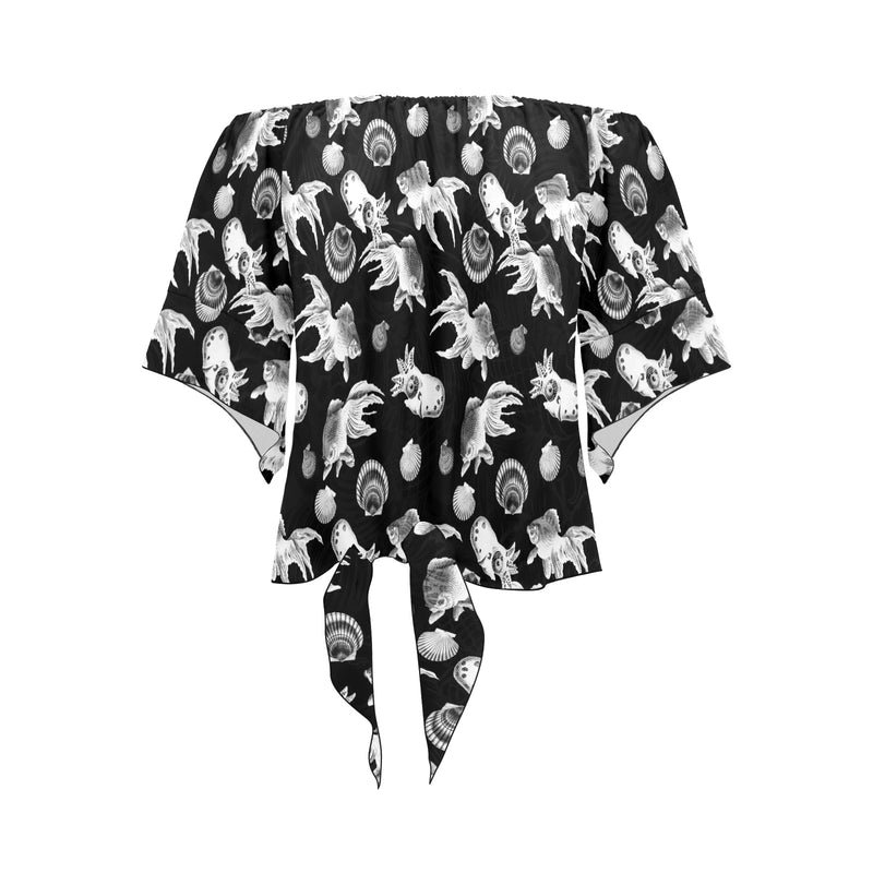 aquatic life bw print Off Shoulder Knot Front Blouse (Model T71) - Objet D'Art